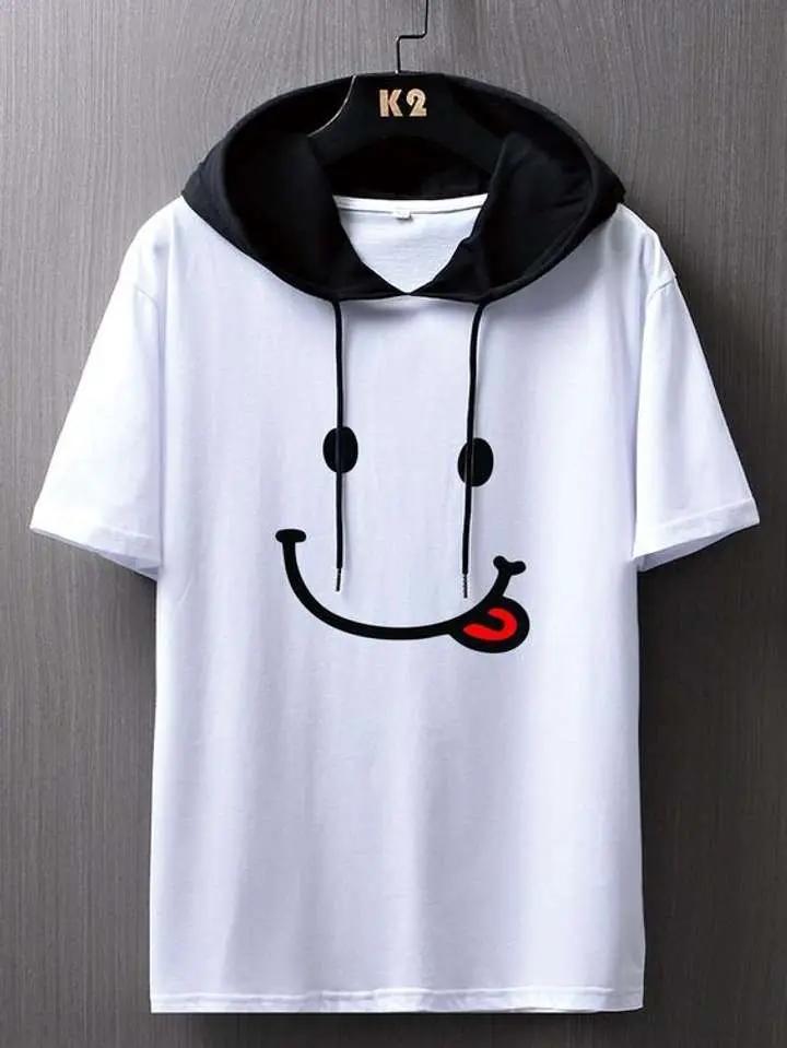 Solid Men t-shirt with hood - black and white - 110